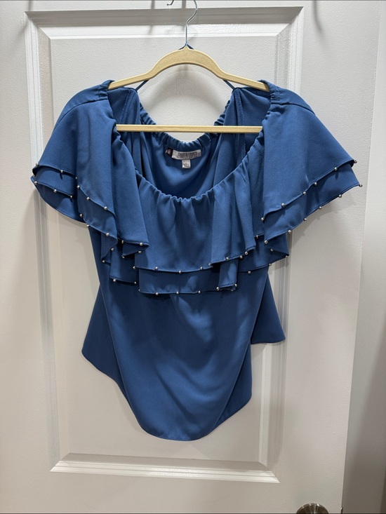 Jennifer Lopez Tops - Jennifer Lopez Dusty Blue Ruffled Off-Shoulder Blouse